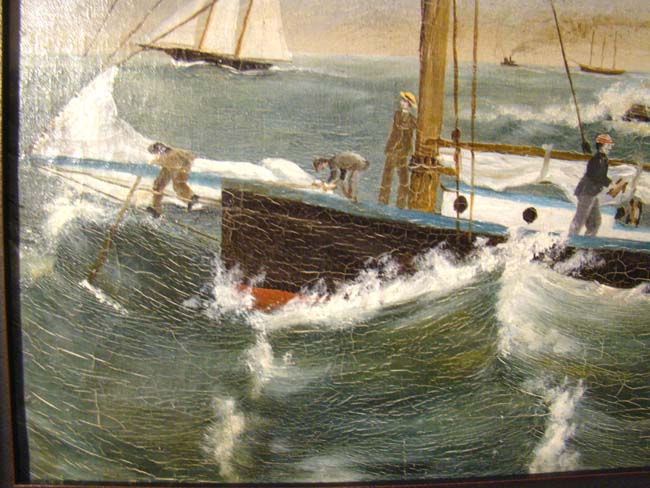 A 19th century oil on canvas depicting a sloop in rough water near a rocky shoreline with a lighthouse and other ships in the background. — image 4